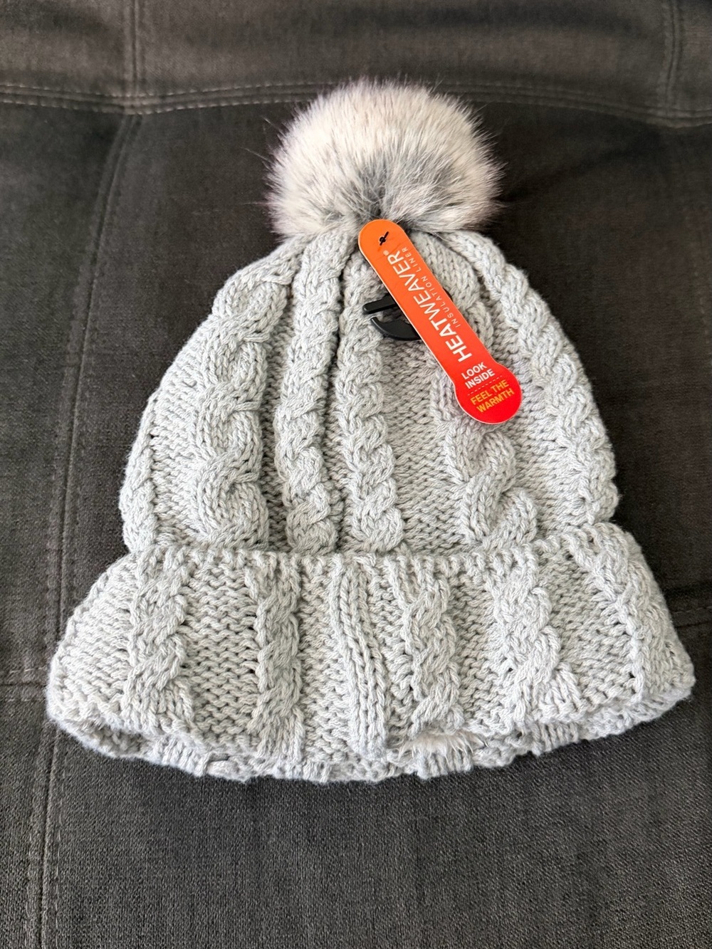 Heatwear Light Gray Cable Knit Pom Beanie for Women